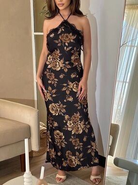 Blu Pepper Black Maxi Halter Dress with Brown Rose Print